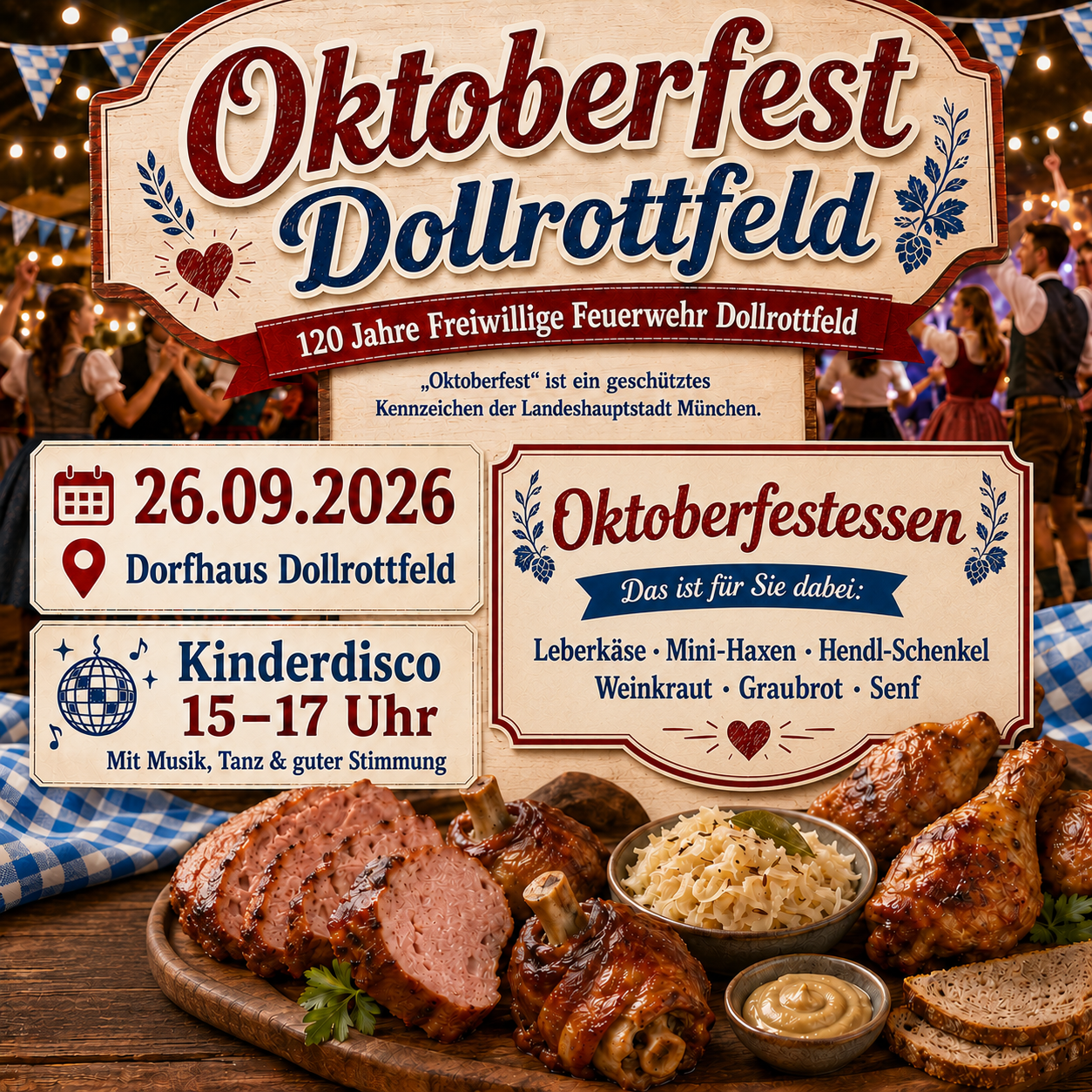 Oktoberfestessen mit Leberkäse, Mini-Haxen, Hendl-Schenkeln, Weinkraut, Graubrot und Senf